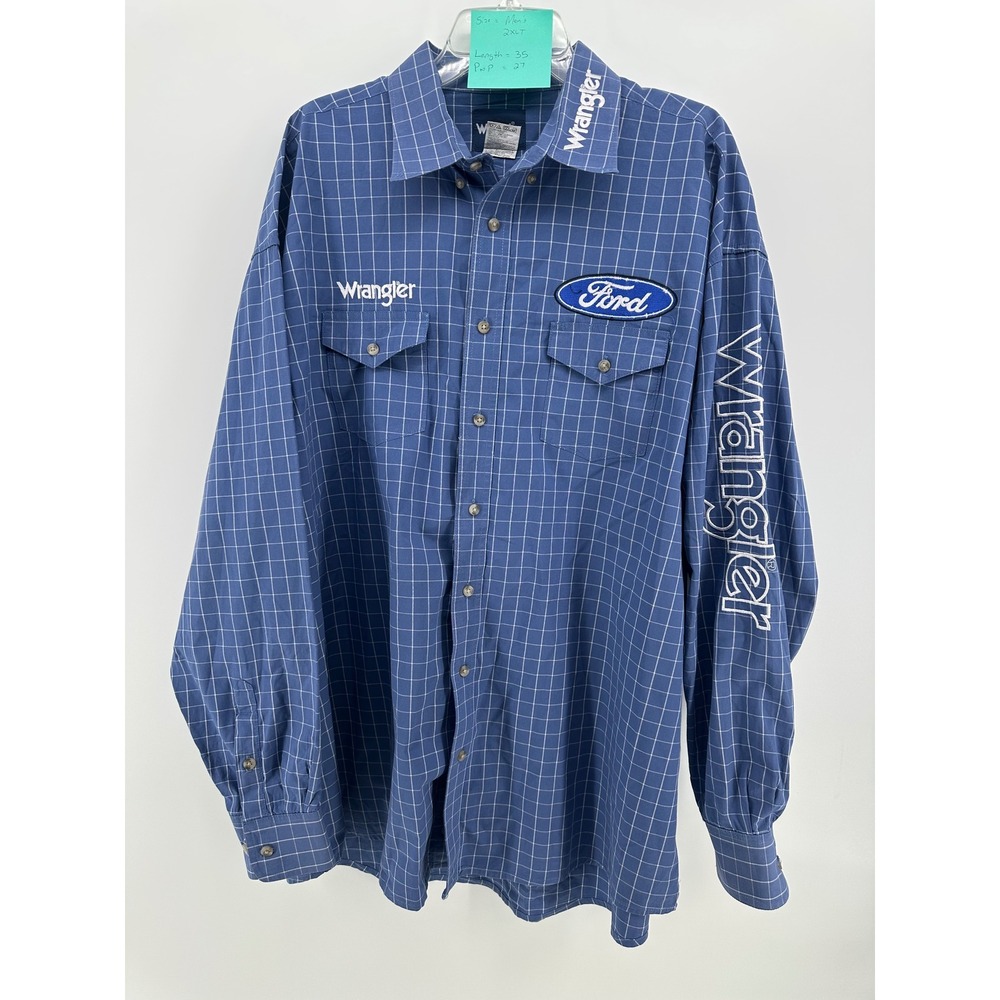 Wrangler Ford Racing Shirt Mens 2XLT Blue Grid Embroidered Long Sleeve MP2281M